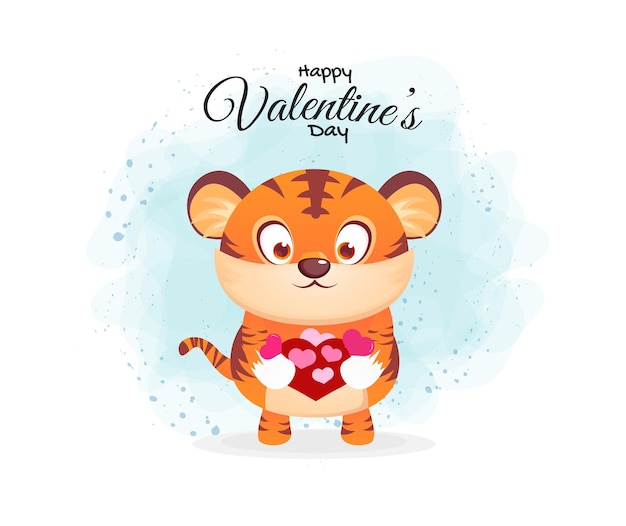 Happy valentine's day with cute tiger hugging many hearts cartoon character