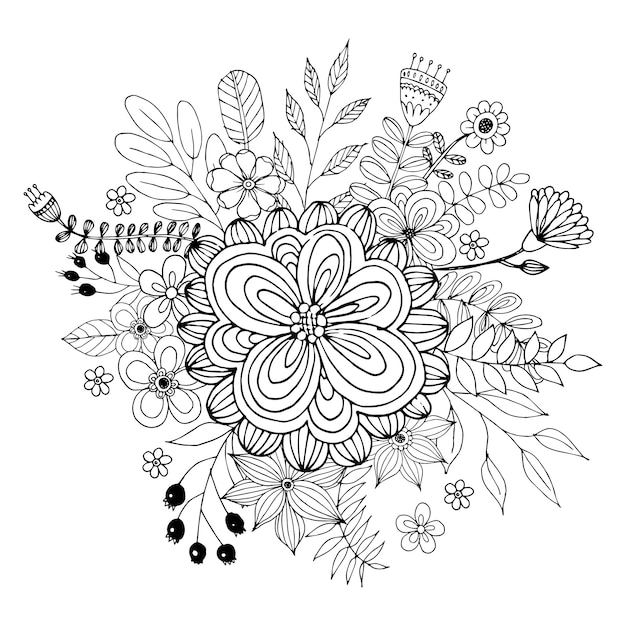 Happy Valentine's Day with Flower doodle Bouquet Coloring Book Style Vector.