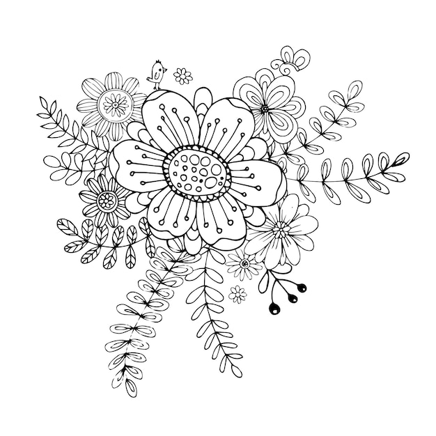 Happy Valentine's Day with Flower doodle Bouquet Coloring Book Style Vector.