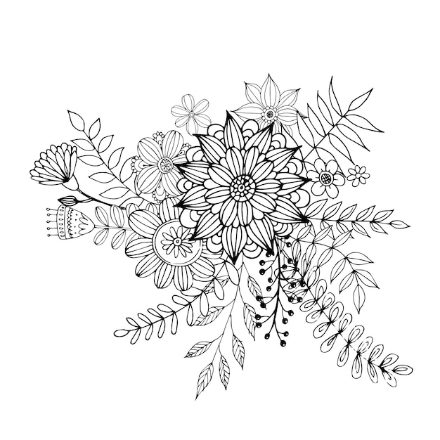 Happy valentine's day with flower doodle bouquet coloring book style vector.