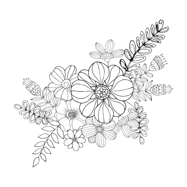 Happy Valentine's Day with Flower doodle Bouquet Coloring Book Style Vector.