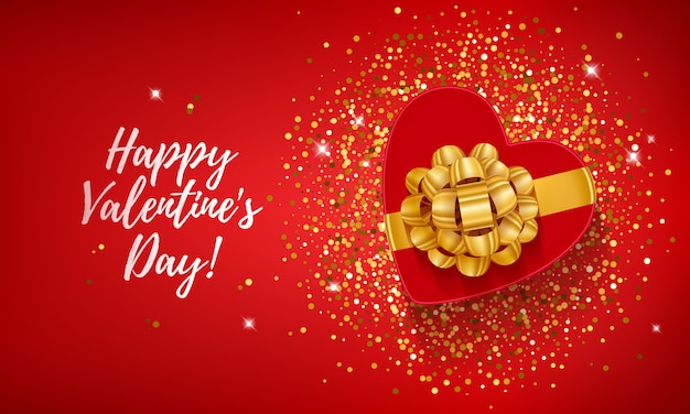 Happy valentine's day with heart shape gift box on golden confetti sequins