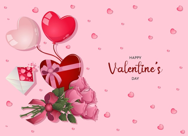 happy valentine's day, with hearts, love mail, gift box roses. romantic quote postcard,  invitation