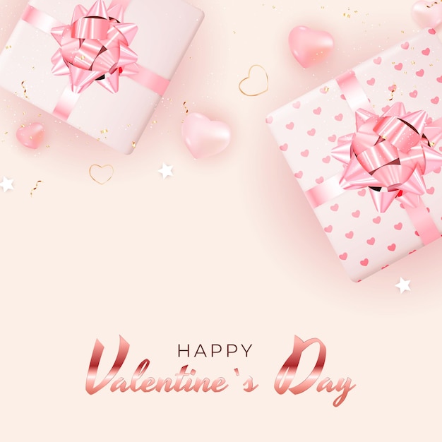 happy Valentine's Day with pink hearts and presents