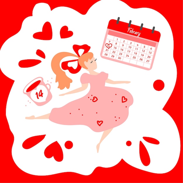 Vector happy valentine's day with young girl in love and romantic items. relationship and love.