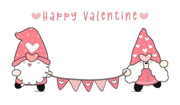 Happy Valentine schattig paar twee kabouters met Japanse hart vlag slinger, schattige cartoon platte vector hand tekenen schets