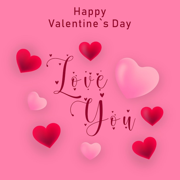 Happy Valentine wenskaart met liefde woord handgetekende letters en kalligrafie met rood en roze