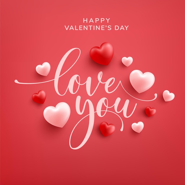 Vector happy valentine wenskaart met love word hand getrokken belettering en kalligrafie met rood en roze hart op rood