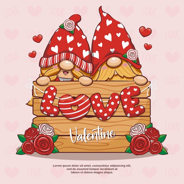 Happy valentine with gnome couple, cute love cartoon illustration