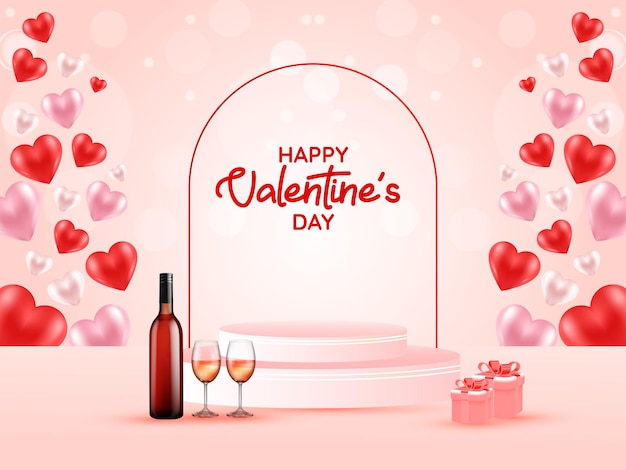 Happy Valentine39s Day 3d 제품 광고 받침대 연단 배경 현실적인 와인 병 안경 및 상자