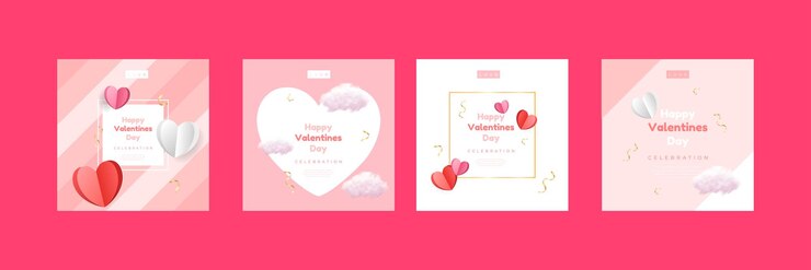 Vector 해피 발렌타인 데이 카드는 3d 빨간색과 분홍색 종이 하트와 기하학적 배경에 프레임이 있는 현실적인 구름을 설정합니다. 귀여운 사랑 판매 전단 템플릿 포스터 표지 배너 벡터 그림