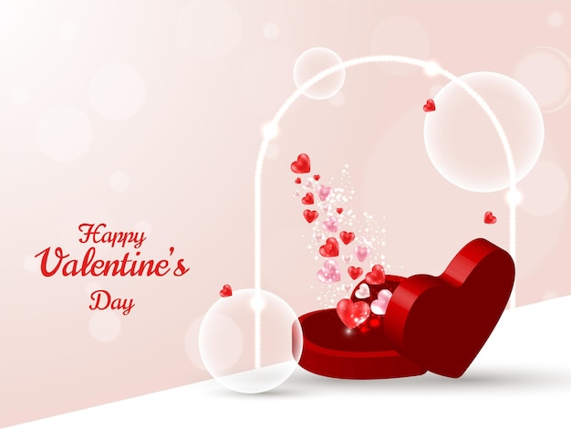 Happy Valentine39s Day Realistic 3D red heart open box flying out hearts on it White glowing entrance and bubbles Romantic Background