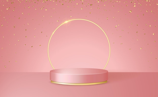 Happy Valentines Day 3d scene with pink and gold podium platform circle and confetti