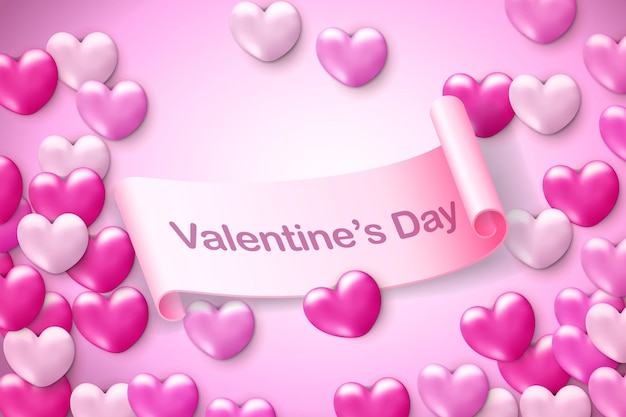 バナーやグリーティングカードのピンクのハートの風船と幸せなバレンタインデーの背景