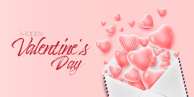 Happy valentines day banner template. 3d hearts coming out from envelope