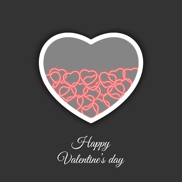 Vettore buon san valentino banner cuore trasparente con cuori rossi al neon su sfondo nero opaco