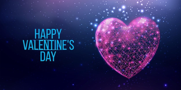 Happy Valentines day banner Wireframe hart in laag poly stijl abstracte moderne 3d vectorillustratie op donkerblauwe background