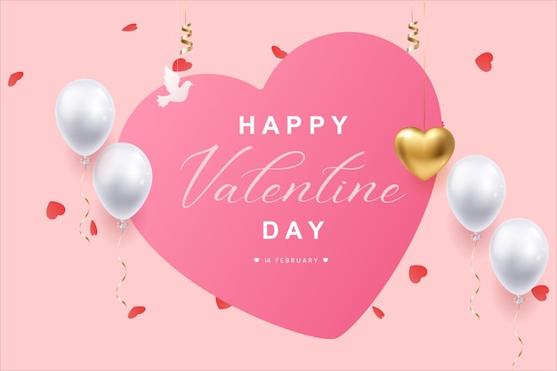 Happy Valentines Day banner with 3d red heart balloons gold metal shapes and light bulbs on pink ba