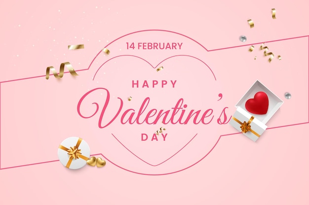 Баннер с Днем Святого Валентина с 3d красными сердечными шарами, золотыми металлическими формами и лампочками на розовой ба