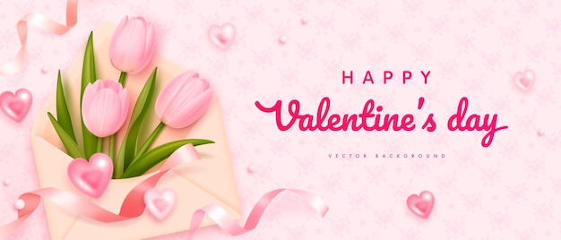 Happy valentines day banner with envelope and tulips