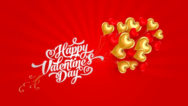 Happy valentines day banner with gold hearts and red background