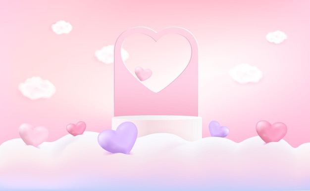 Banner di happy valentine's day con un podio per la presentazione di prodotti e oggetti 3d d'amore su sfondo rosa modelli 3d e illustrazioni