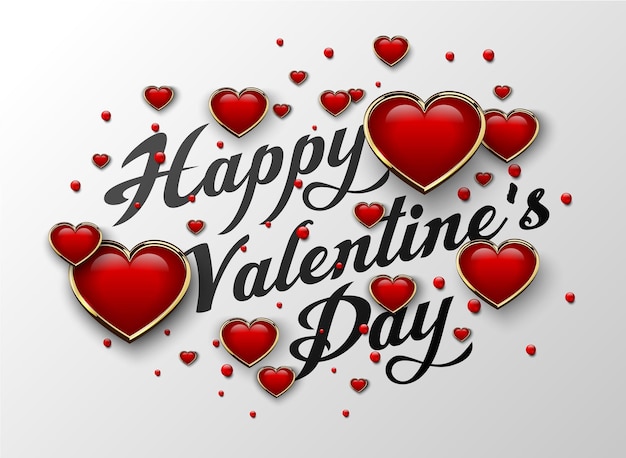 Vector happy valentines day belettering wenskaart glanzend rood hart in gouden frame lichte achtergrond