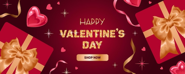 ベクトル 幸せなバレンタインデー明るい販売バナー現実的なスタイルシャイニング ハート黄金の星とリボン ギフト ボックス輝くキラキラ レタリング紙吹雪広告のウェブサイト ポスター チラシ