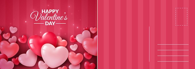 Happy Valentines day card Romantic postcard with 3d hearts on pink background Valentine letter template modern glamour design invitation and greeting vector illustration