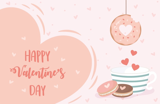 Happy valentines day card con appeso ciambella tazza di caffè e biscotti cuori