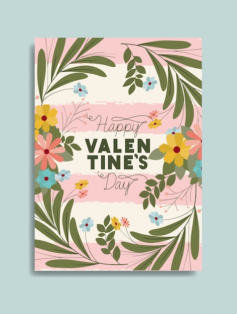 Felice giorno di san valentino carta con cornice quadrata e fiori