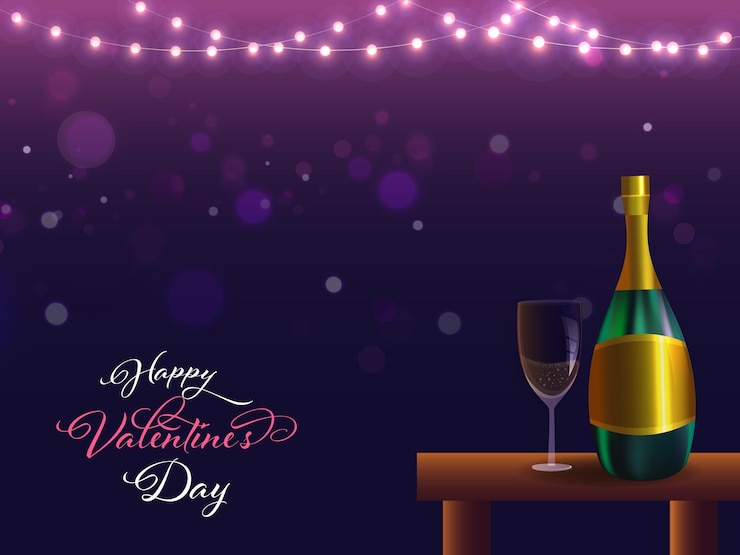 Vector happy valentines day celebration concept with realistic champagne bottle flute glass on table and lighting garland decorated purple and blue background