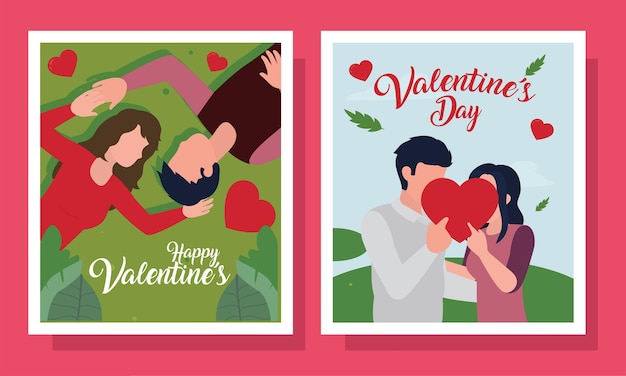 사랑의 열정과 낭만적인 테마의 카드 컬렉션에 해피 발렌타인 데이 커플
