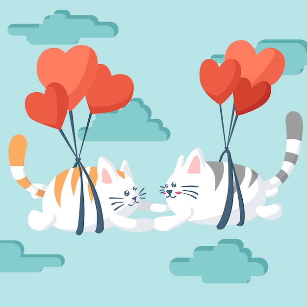 Vector happy valentines day of couple cat flying with a parachute