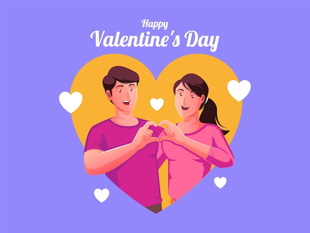 Happy valentines day couple in love together holding and showing hands in heart sign