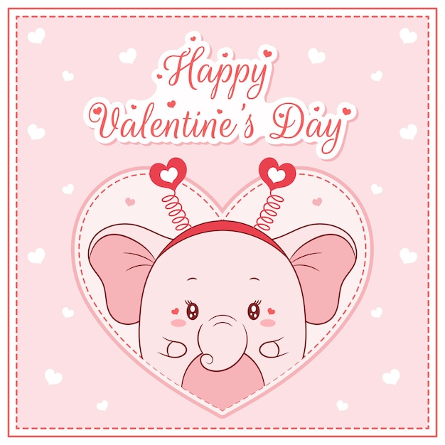 Vector happy valentines day cute elephant girl drawing post card big heart