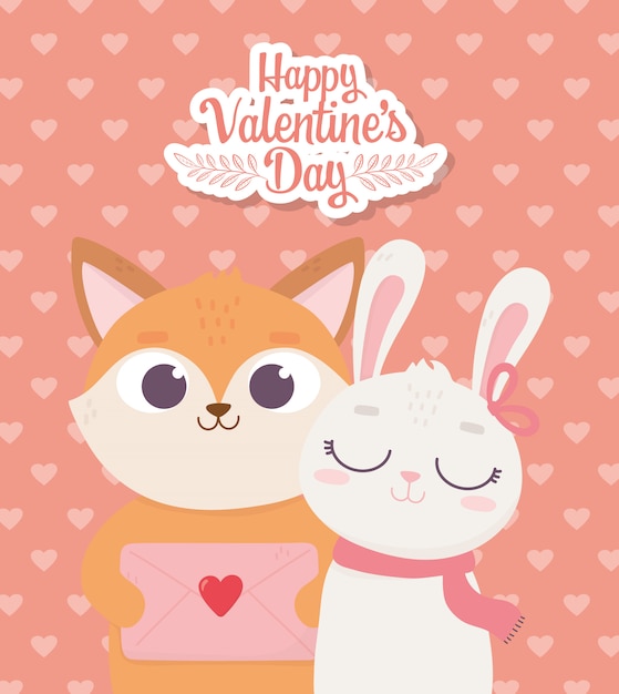 Vector happy valentines day, cute fox with envelope letter and rabbit with scarf and hearts decoration