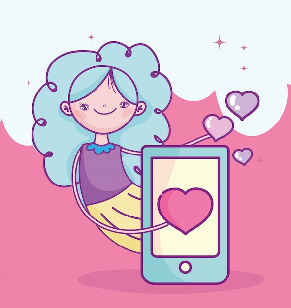 happy valentines day, cute girl with phone  love romantic cartoon vector illustration