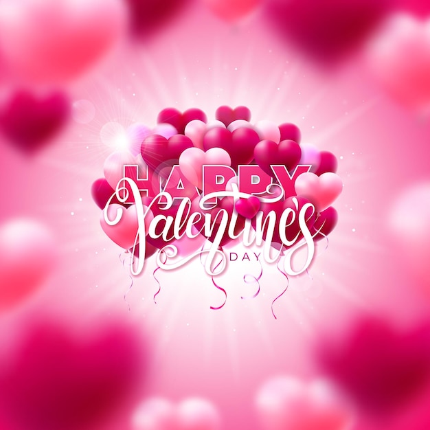 Happy Valentines Day Design with Balloon Heart and Typography Letter on Shiny Background