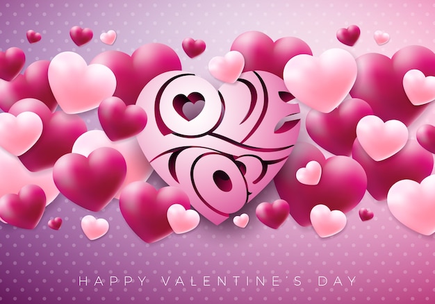 Happy Valentines Day Design with Red Heart on Shiny Violet Background