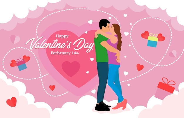 Happy valentines day flat background with embracing and kissing couple on background from the clouds hearts and flying gifts