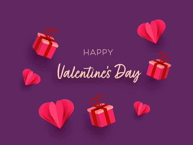 Happy Valentines Day Font with Gift Boxes and Red Paper Hearts Decorated on Purple Background