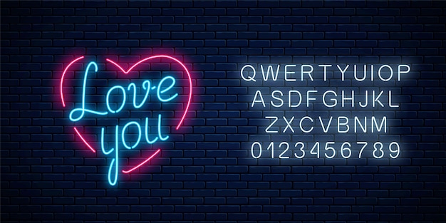 Happy valentines day gloeiende feestelijke neonbord met alfabet op een donkere bakstenen muur achtergrond. ik hou van je yexy in hartvorm. wenskaart met belettering