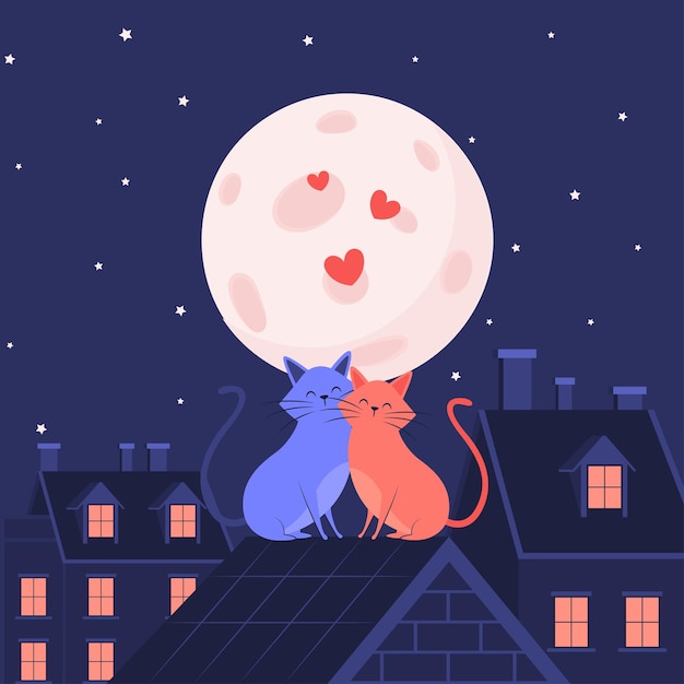 Happy Valentines day, Greeting card, Cats in love under moonlight