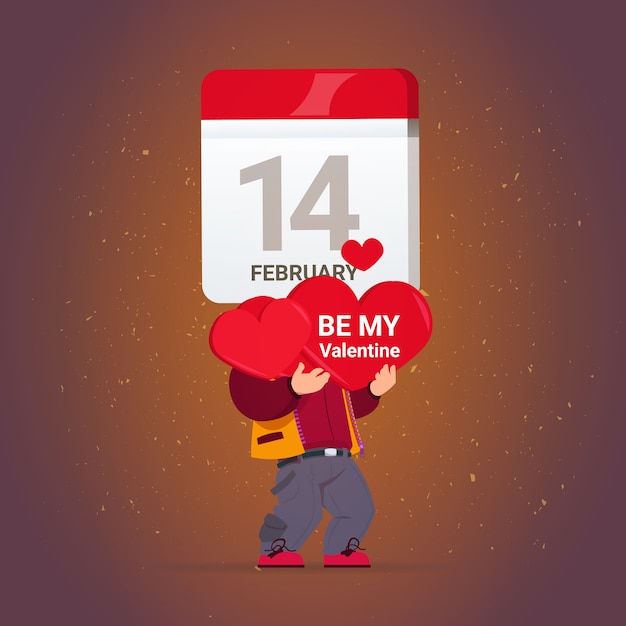 Happy valentines day greeting card man holding red hearts and calendar 14 february holiday concept