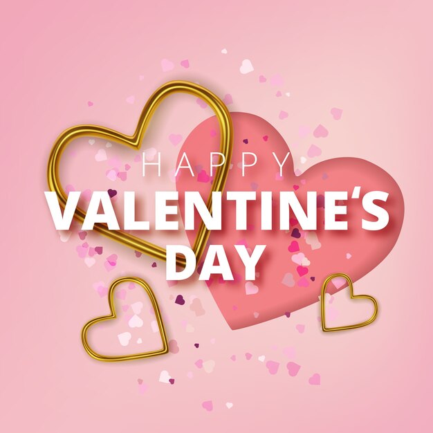 Happy valentines day greeting card, realistic gold metallic hearts and text on pink background