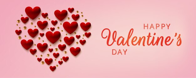 happy valentines day greeting card, realistic red hearts on pink background.