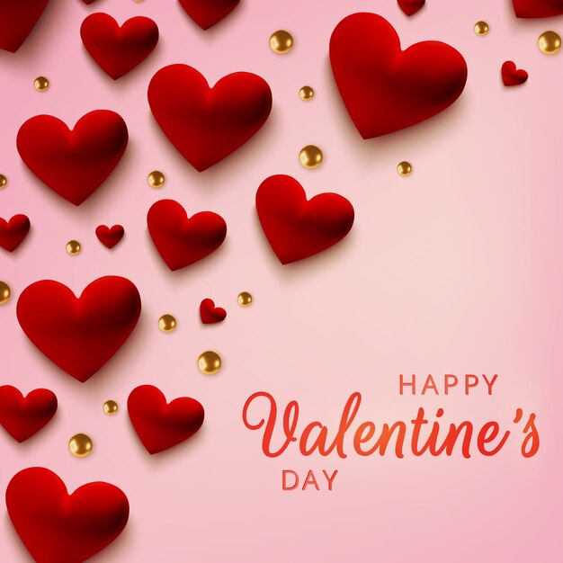 happy valentines day greeting card, realistic red hearts on pink background.