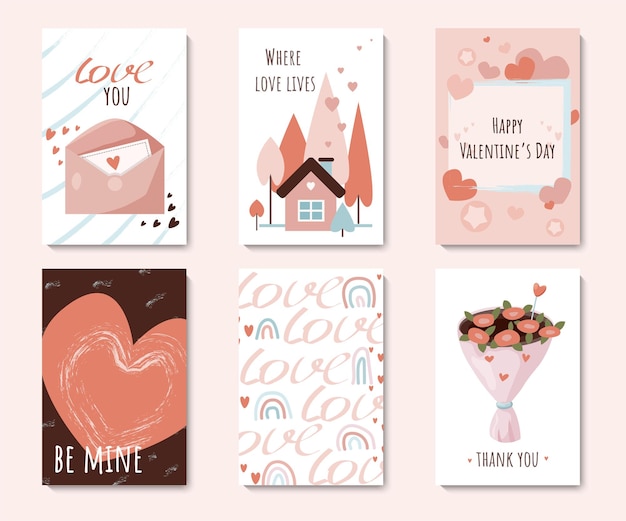 Happy Valentines day greeting card set with 6 cute templates Vector cartoon flat illustrations
