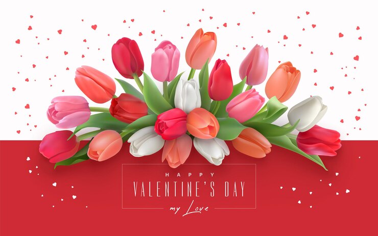 Vector happy valentines day greeting card with bouquet of delicate tulips on a backdrop with red hearts